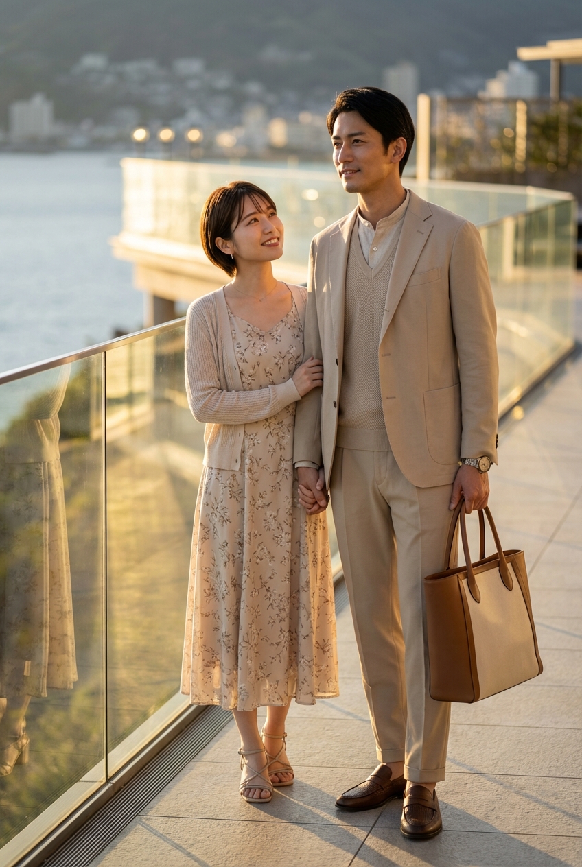 シルクリネン混のライトジャケットとベージュで綴る、夜のリゾートスタイル