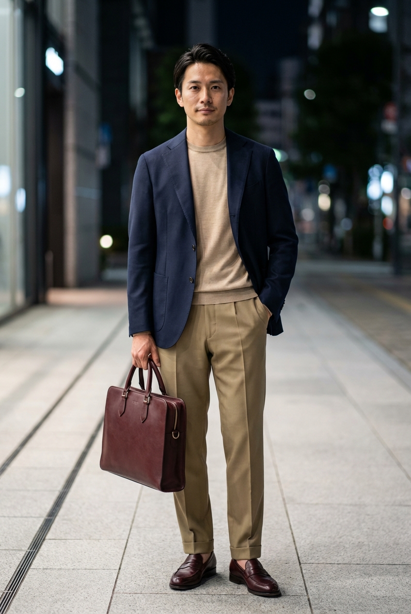 夜の静寂に映える極上ネイビー。イタリアンモダンが綴る、品格と軽快さの交差