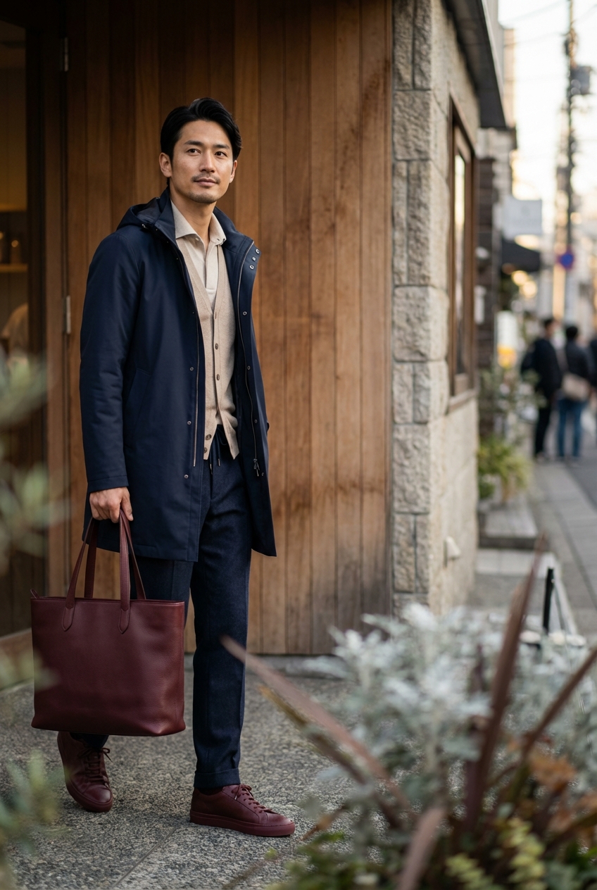 メリノウールベストを主役にしたベージュ基調の洗練ビジカジスタイル
