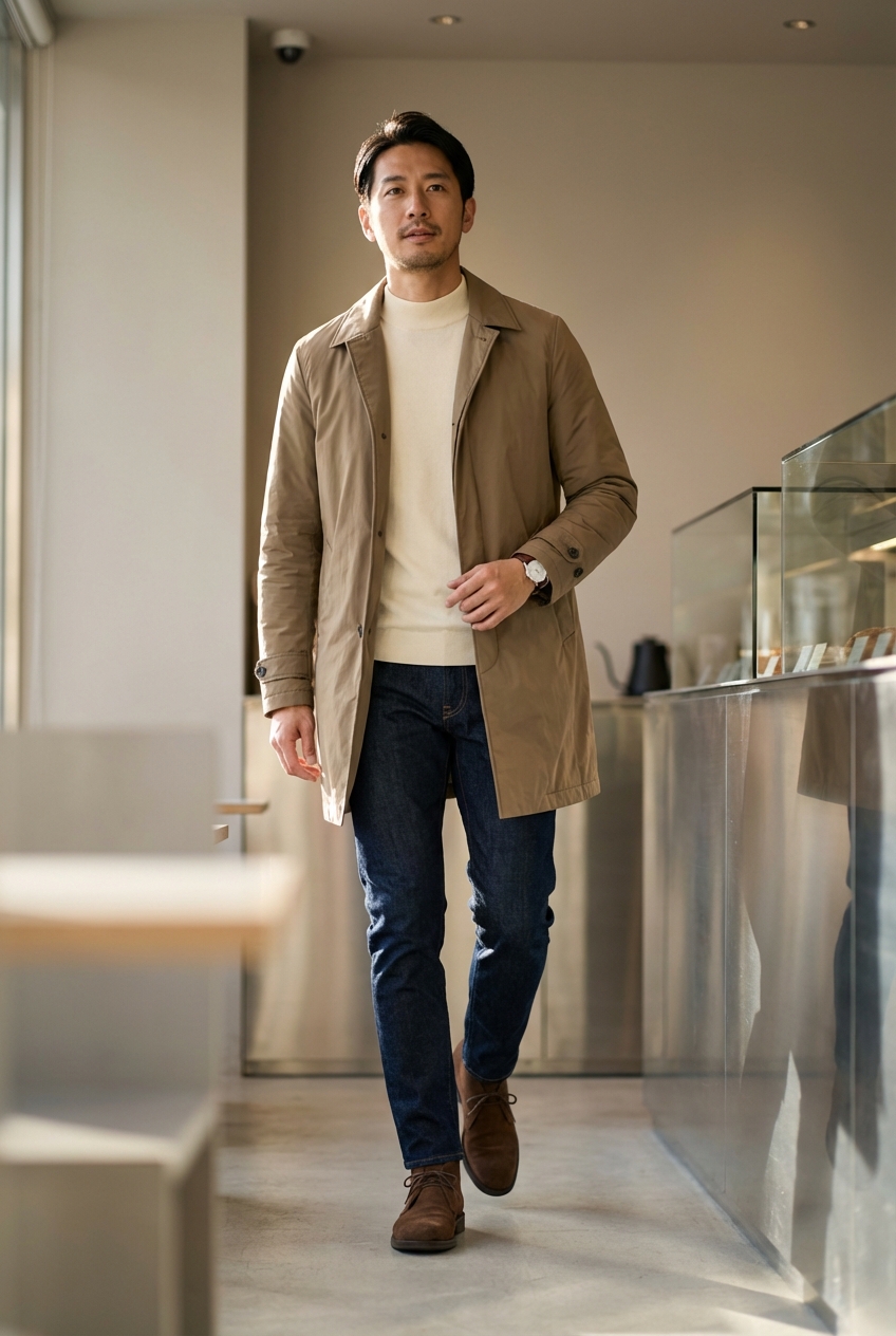 薄手ナイロンアウターと洗練のベージュで綴る、冬の週末カフェワークのスマートスタイル