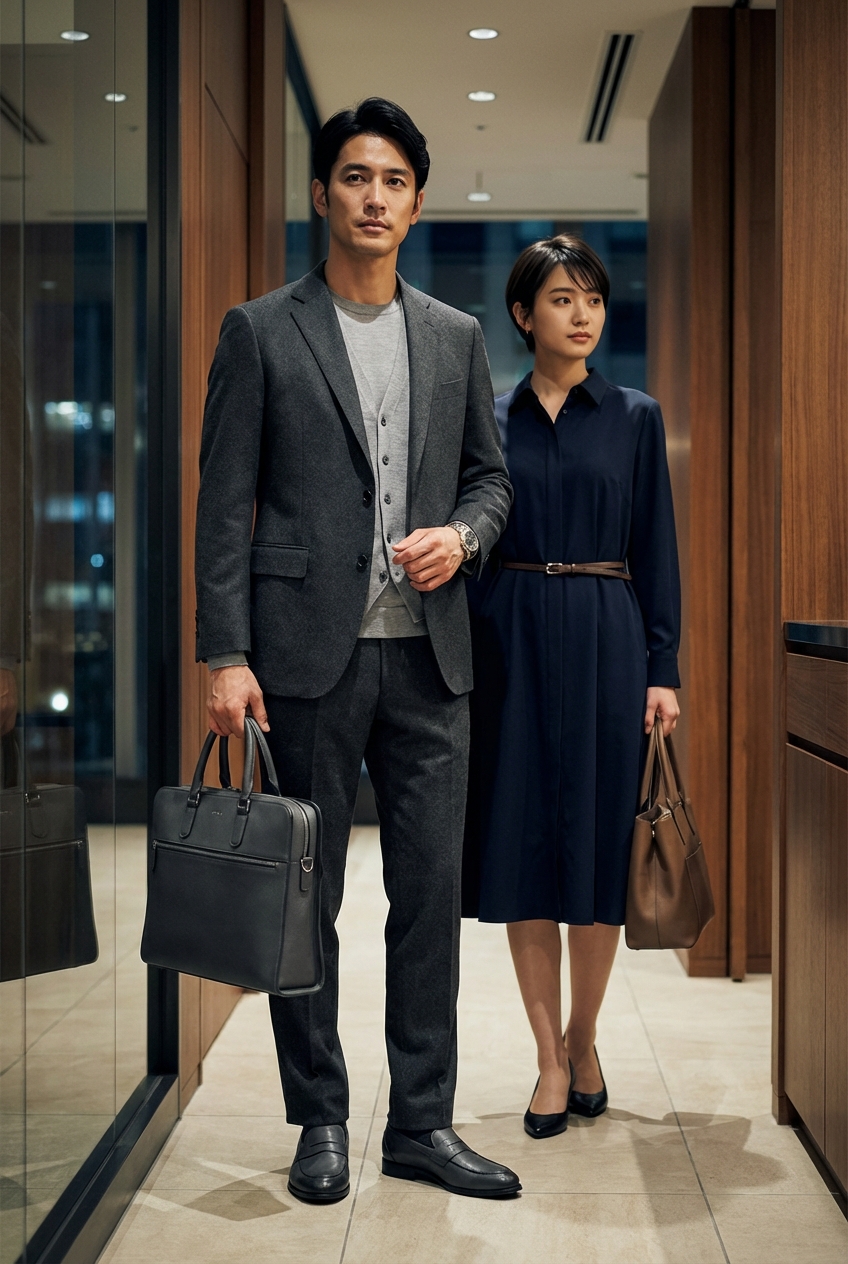 チャコールグレーのセットアップで装う秋の夜商談、しわを防ぐウールトラウザーズ