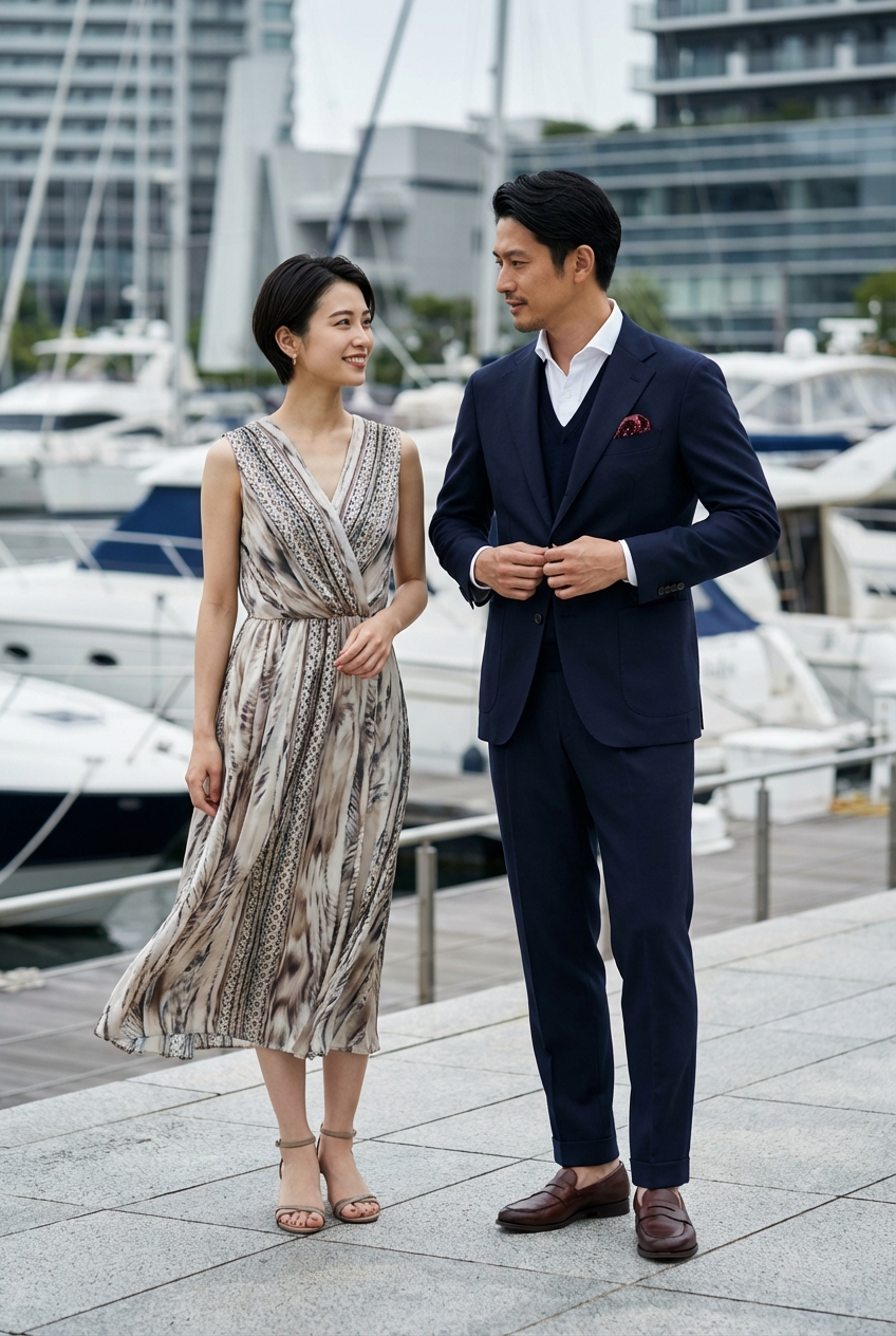 ネイビーのサマーウールスラックスが導く、夜のテラスの英国的シャツスタイル