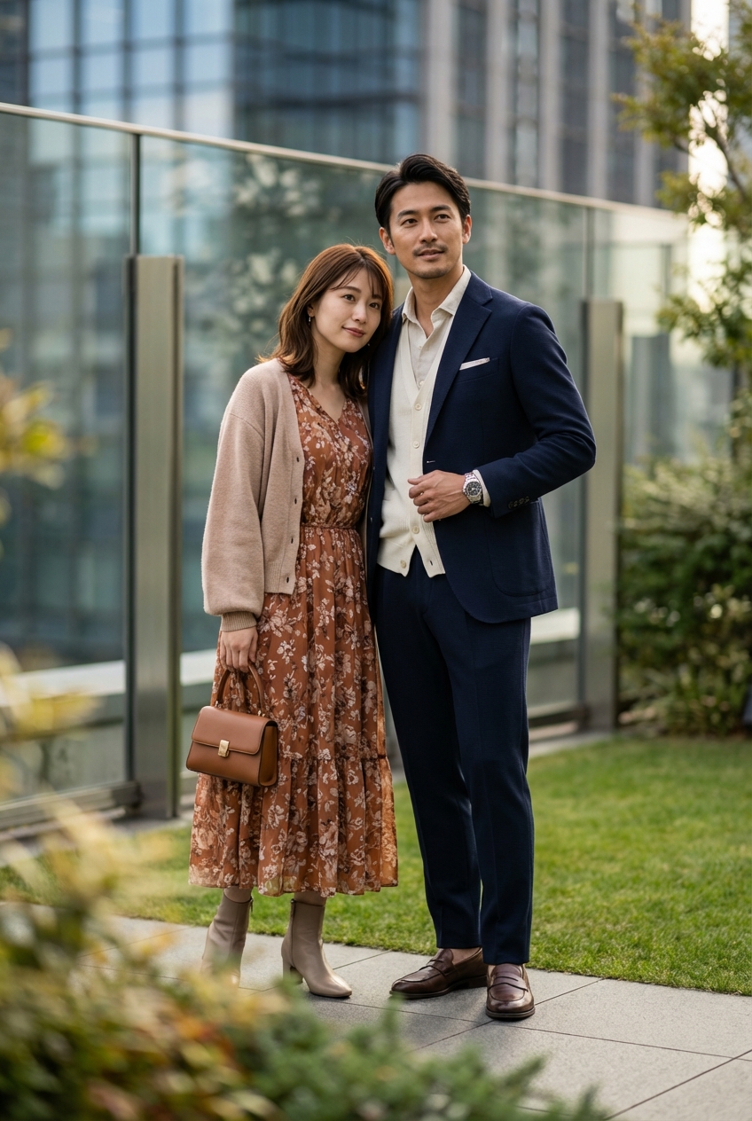 ネイビーのピケセットアップで纏う、エクリュのリネンシャツが主役の秋のテラス休日