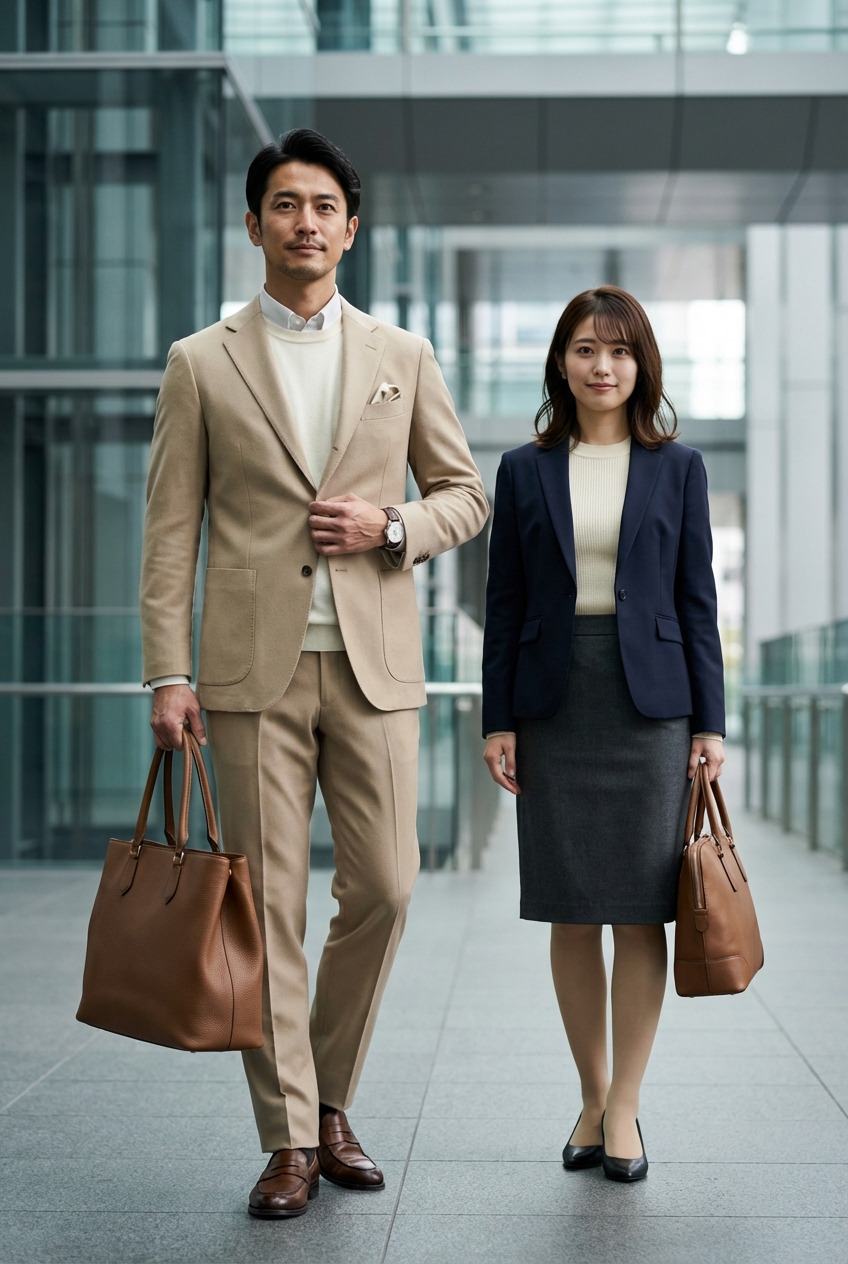 撥水ウールのトラベルセットアップが導くベージュの勝負プレゼン