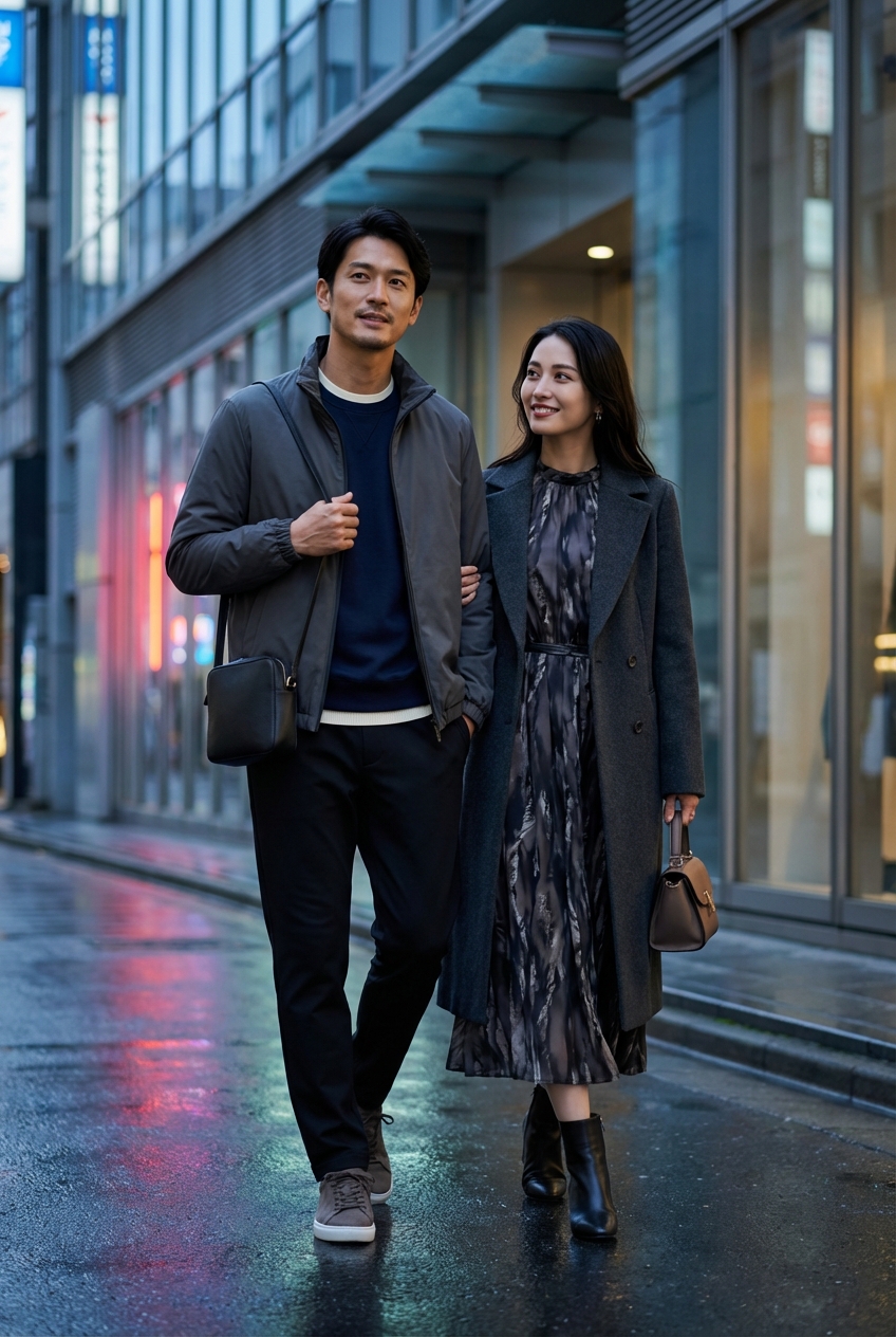 ブラックのテックイージーパンツとチャコールグレーが紡ぐ、雨上がりの洗練散歩。