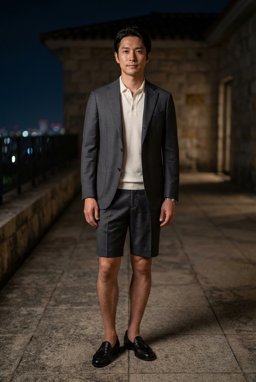 チャコールグレーのシルク混コットンショートパンツで装う夜のサマーテラス