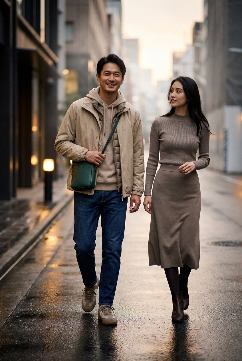 ベージュの軽量シェルと上質パーカーで歩く、雨上がりの都会的散歩スタイル