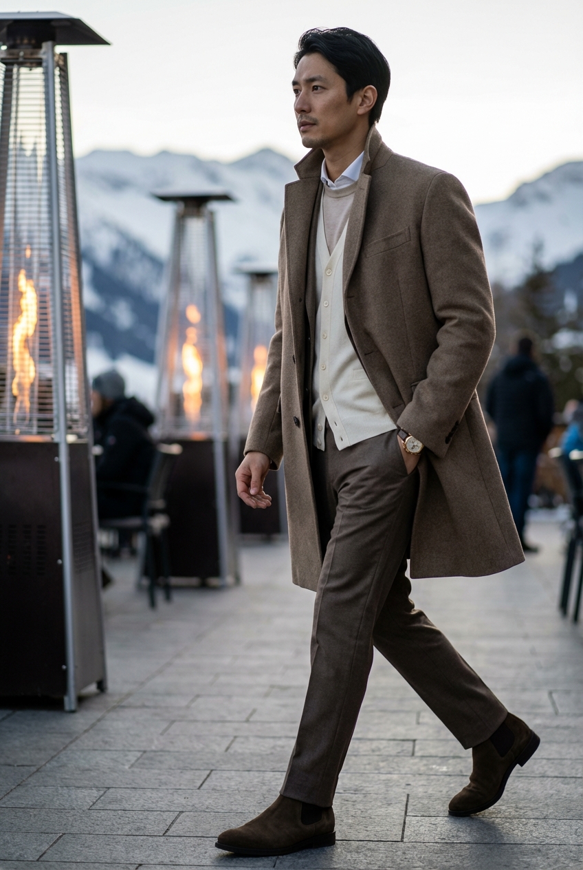 高密度ウールのチェスターコートが導くベージュの調べ、秋のリゾートを彩る洗練の装い