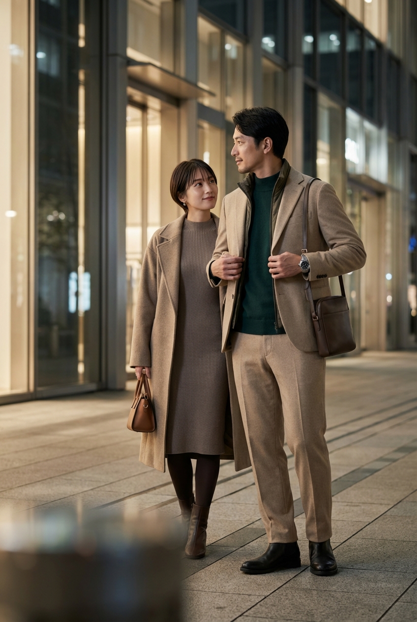 ベージュの気品と撥水レザーのミニマルブーツで歩く、静寂の都市ナイトアウト