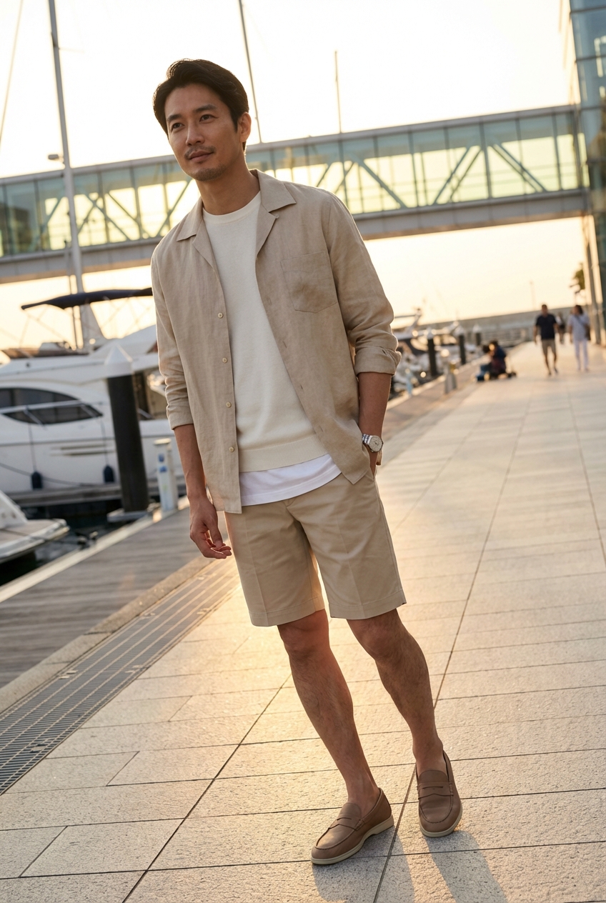 夕暮れのテラスに映えるベージュのシルク混ショーツとアイボリーの調べ