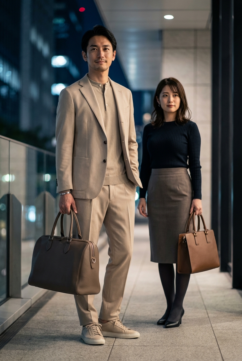 ベージュの軽量ウールセットアップで描く、夜の都会的ビジネスカジュアル