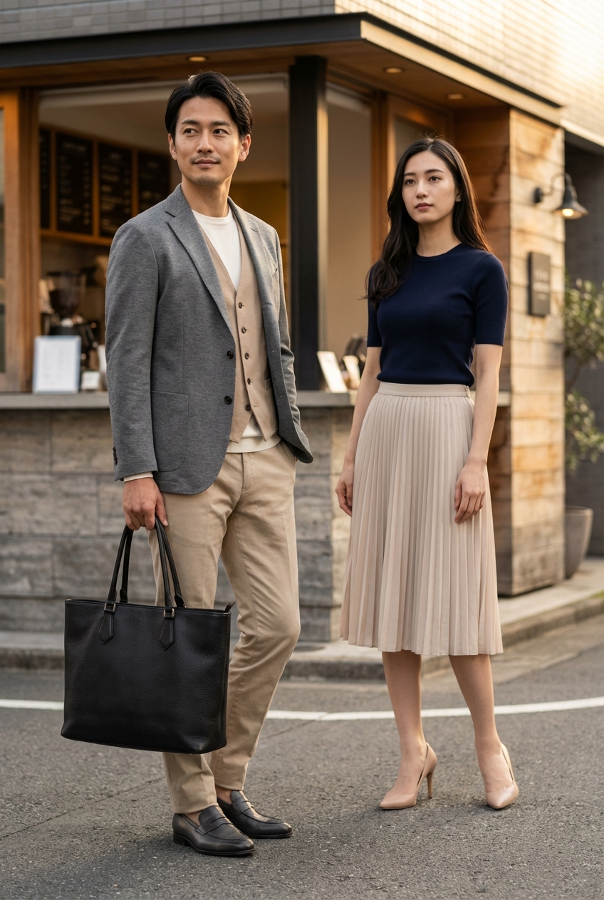 ミディアムグレーのジャケットが奏でる、ベージュが上品な夜のビジネスカジュアル