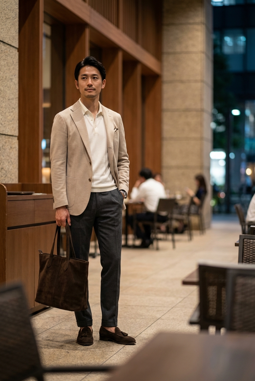 ベージュが描く洗練とダークブラウンスエードが彩る夜のビジネスカジュアル