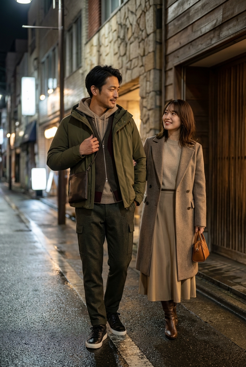 撥水テックブルゾンとオリーブが街に映える、雨上がりの洗練フーディスタイル