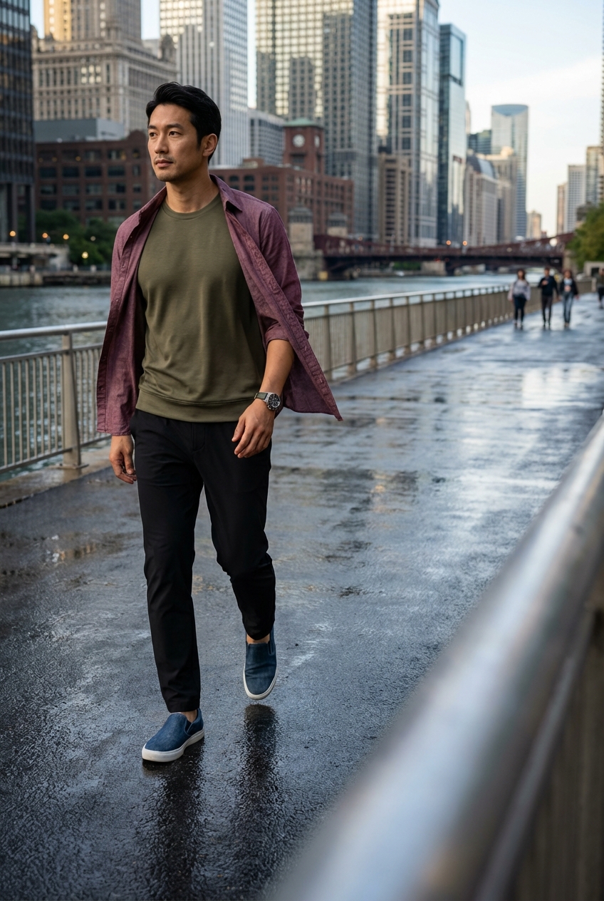 ブラックのテックイージーパンツとオリーブで彩る、雨上がりの街を歩く涼感スタイル