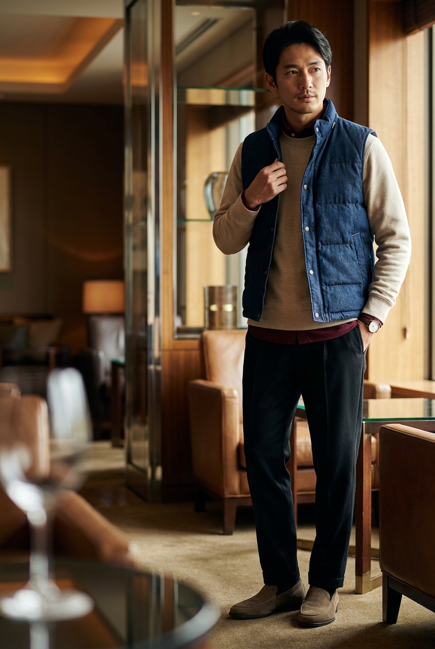 ベージュの極上メリノとブラックパンツで寛ぐ、秋のラウンジ休日スタイル