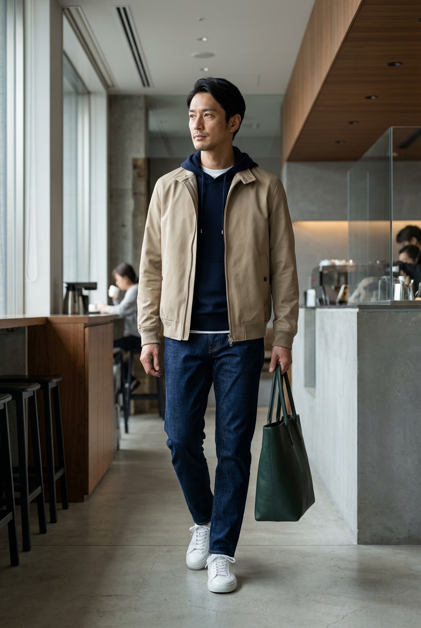 ベージュの撥水ブルゾンと白のプレミアムレザースニーカーで彩る、週末の都会的カフェワーク