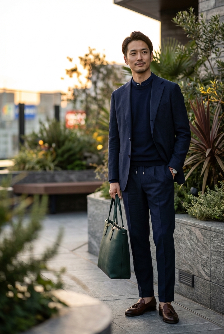 サマーテラスを彩るネイビーのシルク混クルーネックニットと清涼セットアップ