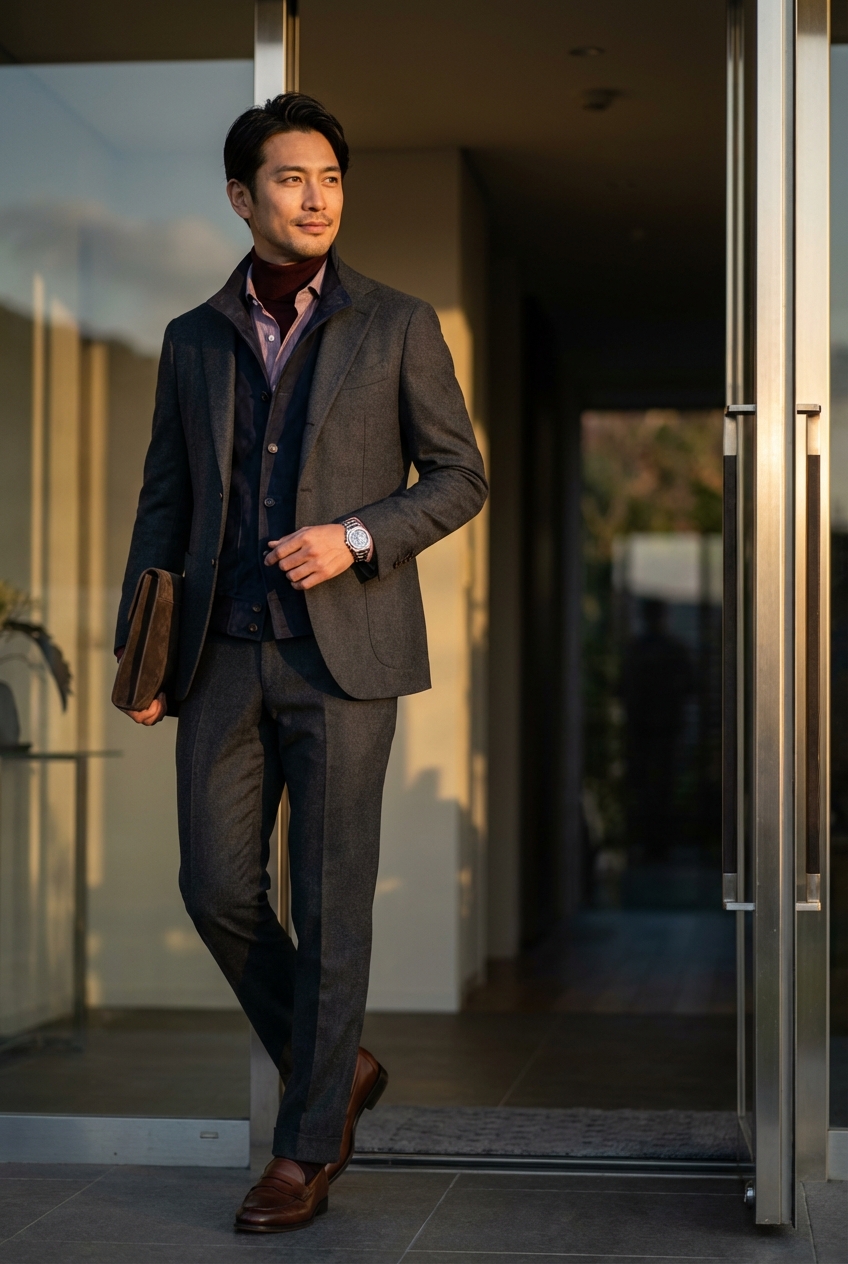 チャコールグレーのセットアップにフルグレインレザーのローファーが輝く週末リトリート