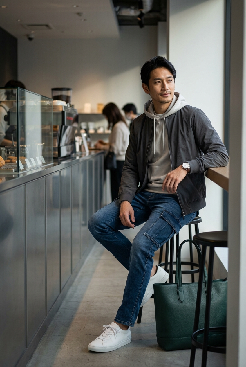 白のプレミアムレザースニーカーとチャコールグレーで寛ぐ夕暮れのカフェワーク