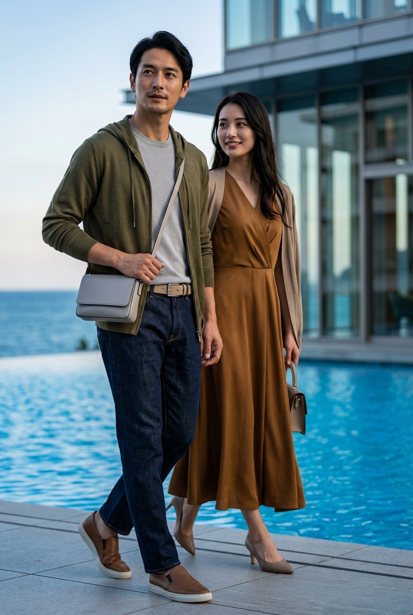 オリーブが奏でるリゾートの夜、サンドカラーのベルトで引き締めるデニムスタイル