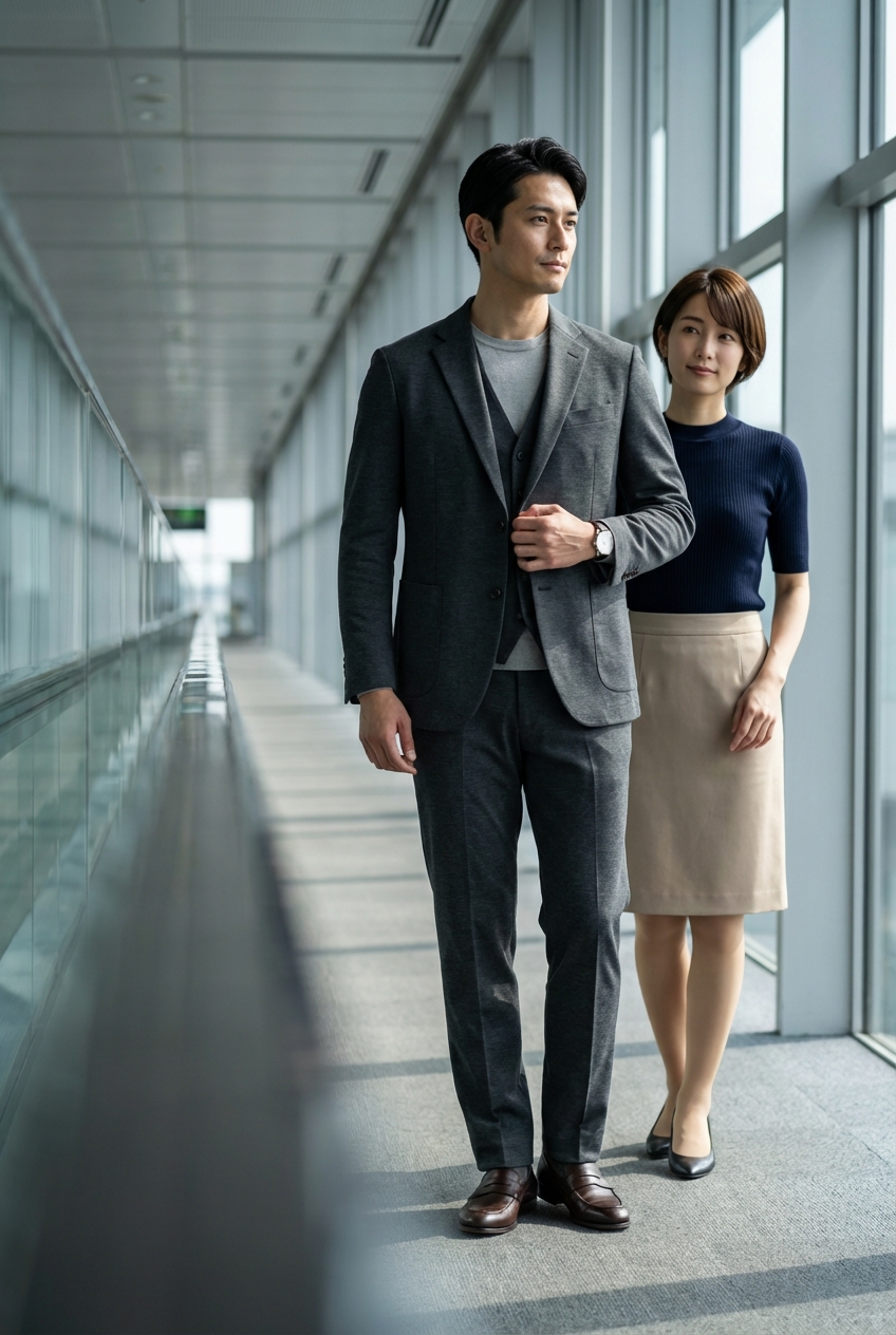 チャコールグレーのジャージーセットアップで装う夏の洗練エグゼクティブ出張