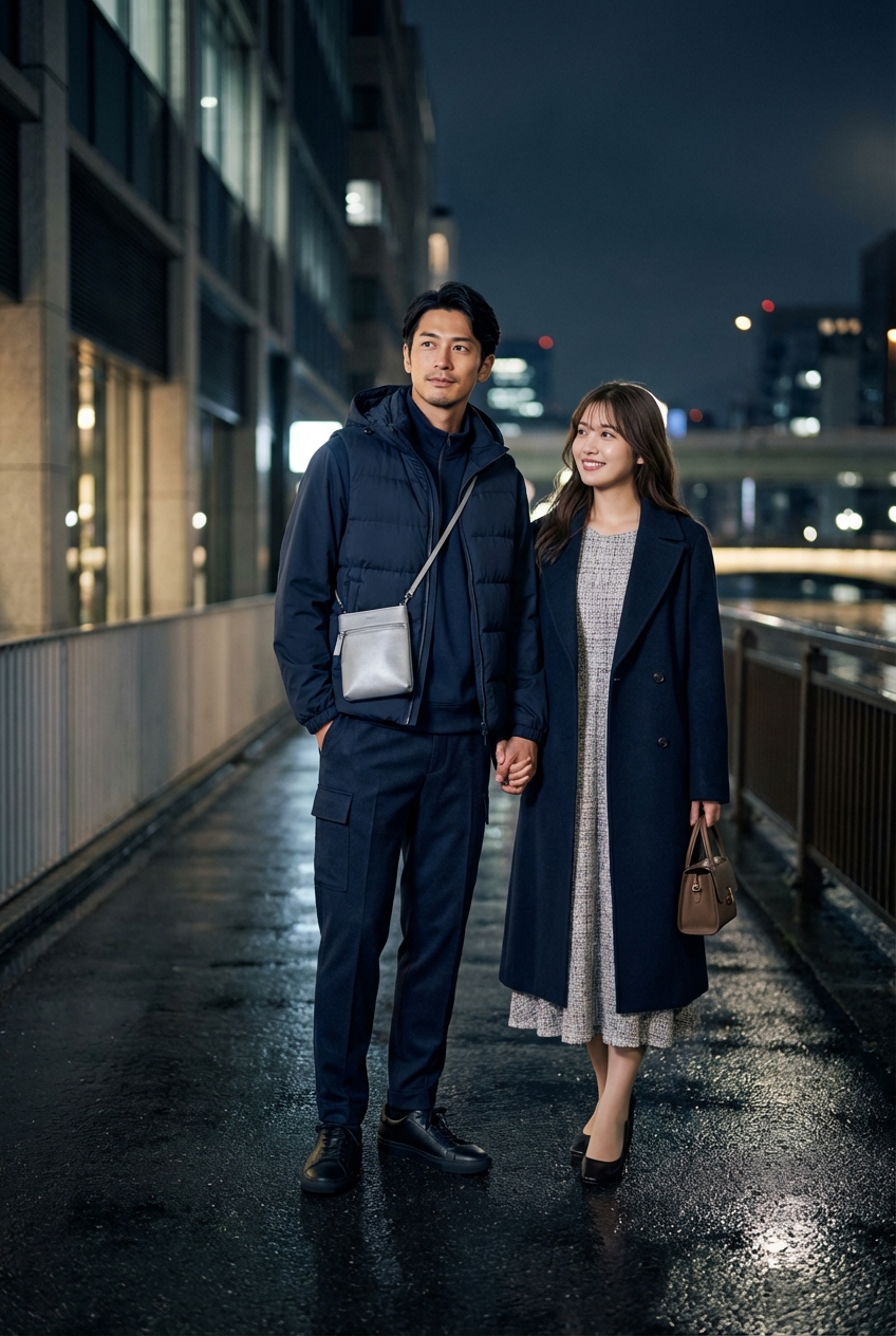 ネイビーの上質モックネックスウェットが導く、雨上がりの洗練された都市散歩