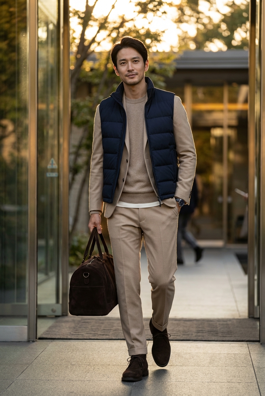 ベージュを纏う週末リトリート、ダークチョコレートのスエード靴で引き締める装い