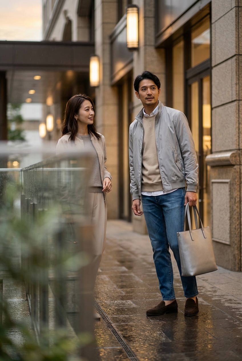 ベージュの上質スウェットで品格を保つ、雨上がりの軽快なシティ散歩