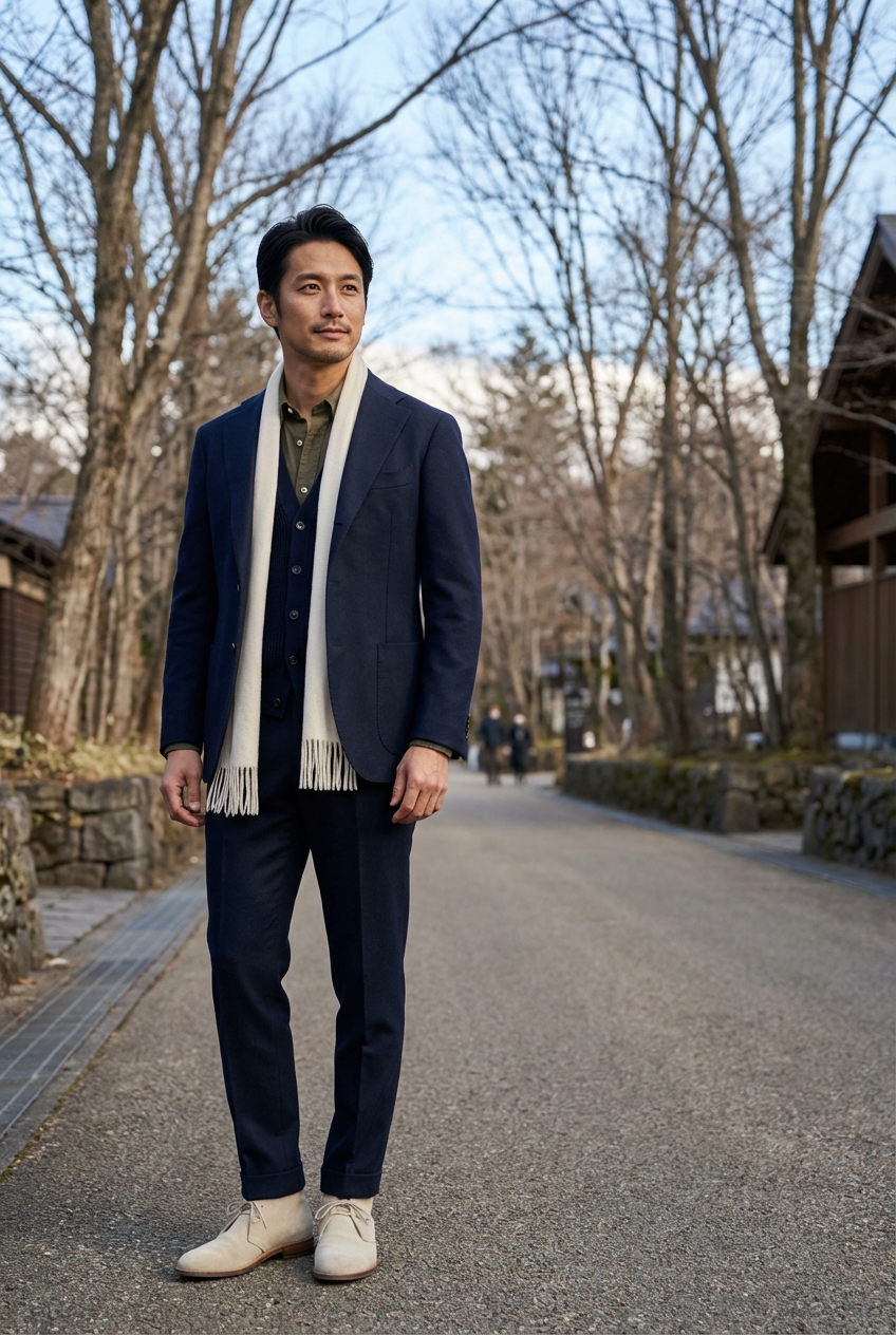 ネイビーが紡ぐ洗練。オリーブシャツを覗かせ冬の週末リトリートへ。