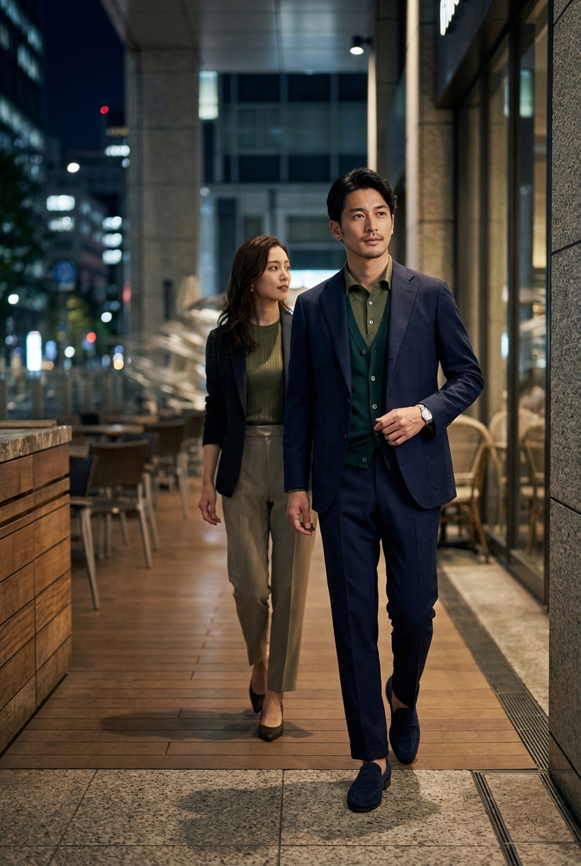 オリーブのニットポロとネイビーセットアップで彩る、夜のビジネスカジュアル