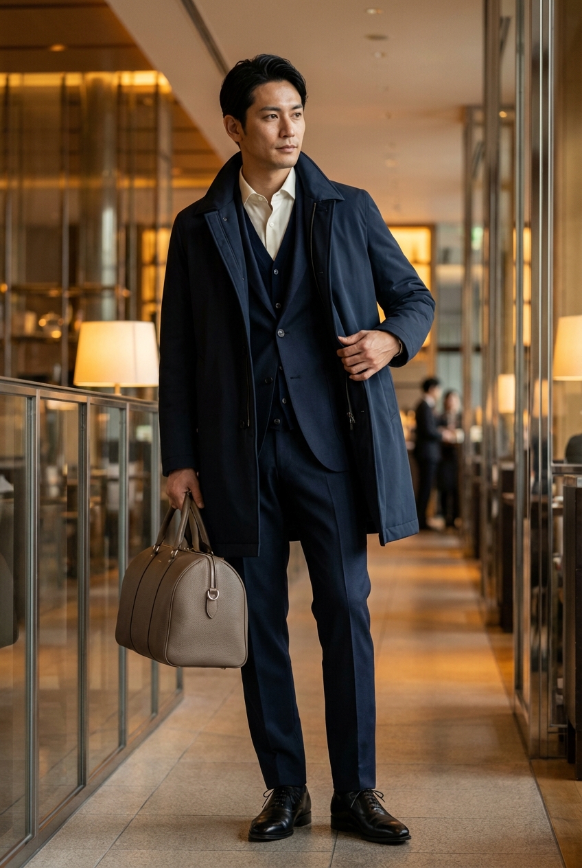 ネイビーとポリッシュドレザーオックスフォードで彩る週末のレセプション