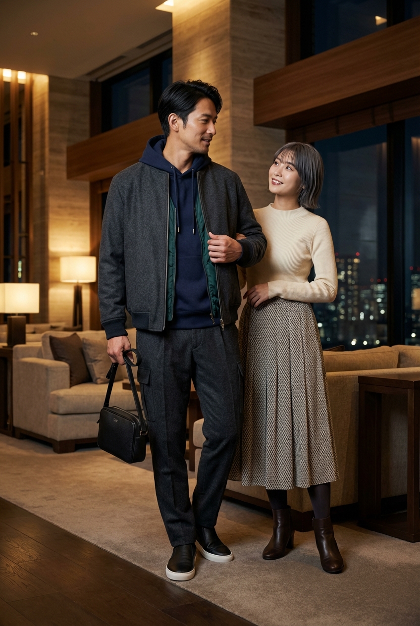 チャコールグレーのウールボンバーで寛ぐ、夜景ラウンジの洗練スタイル。