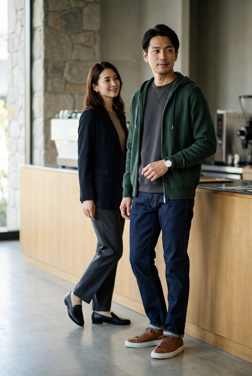 チャコールグレーのシルク混スウェットで品良く装う、秋の週末カフェワーク。