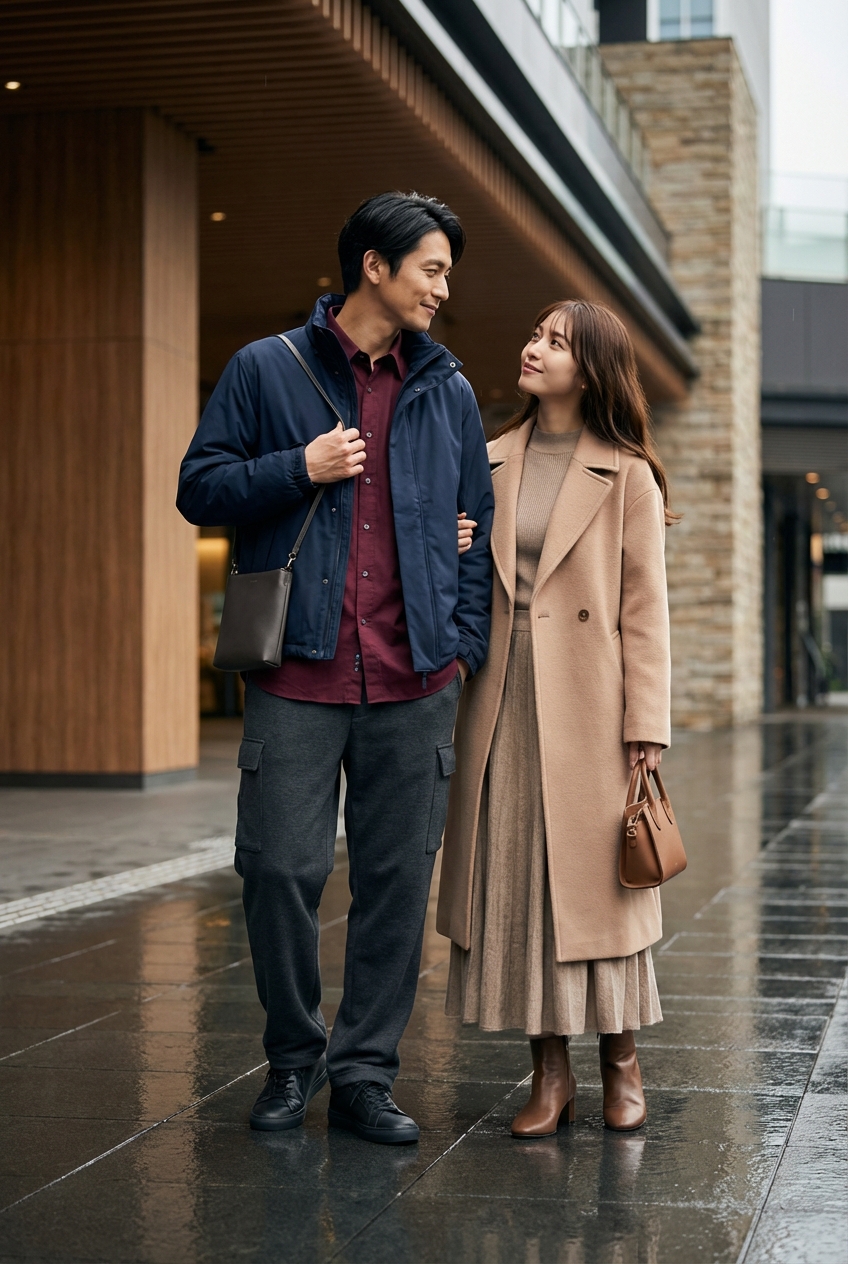 チャコールのスウェットパンツで歩く雨上がり。都会的なネイビーの機能美を重ねて