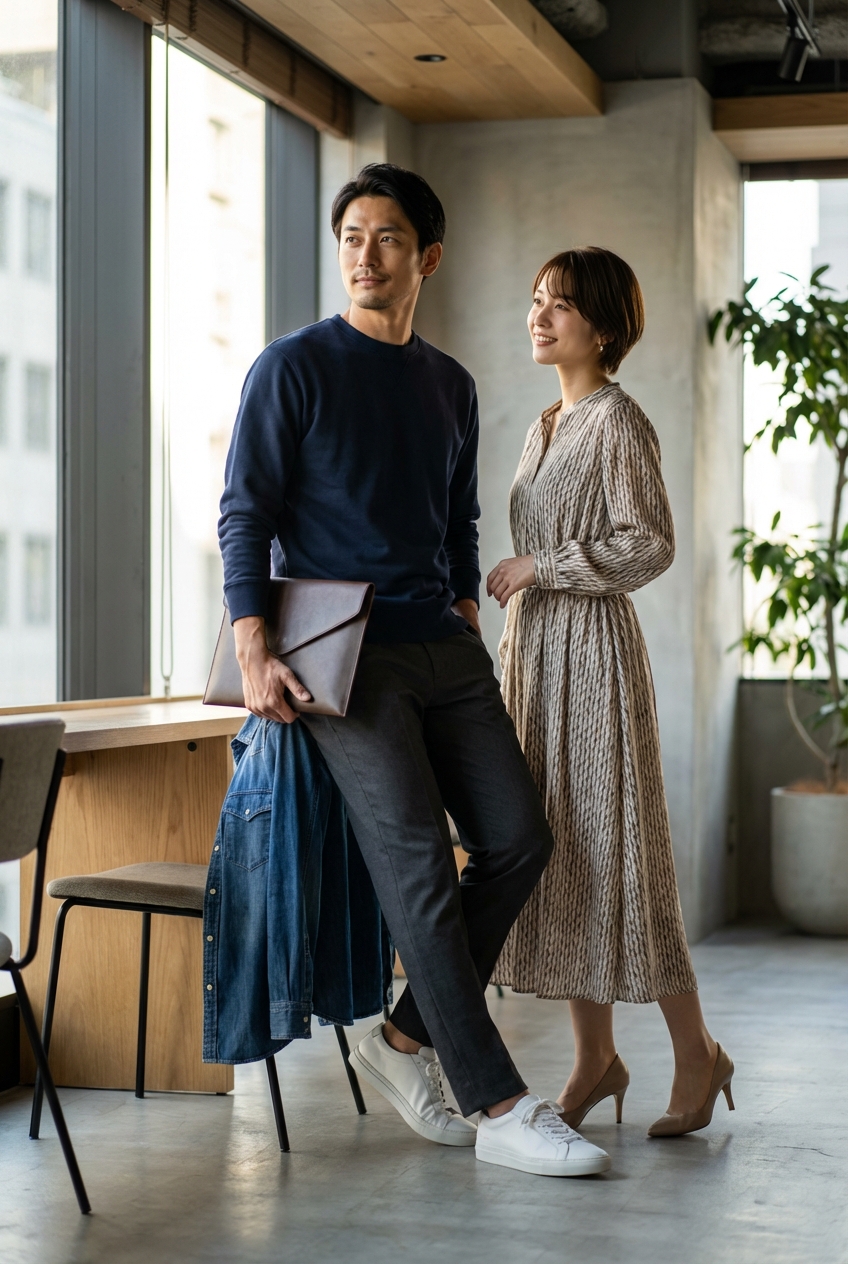 チャコールのテーパードスラックスとネイビーのスウェットで彩る、春の洗練されたカフェワーク