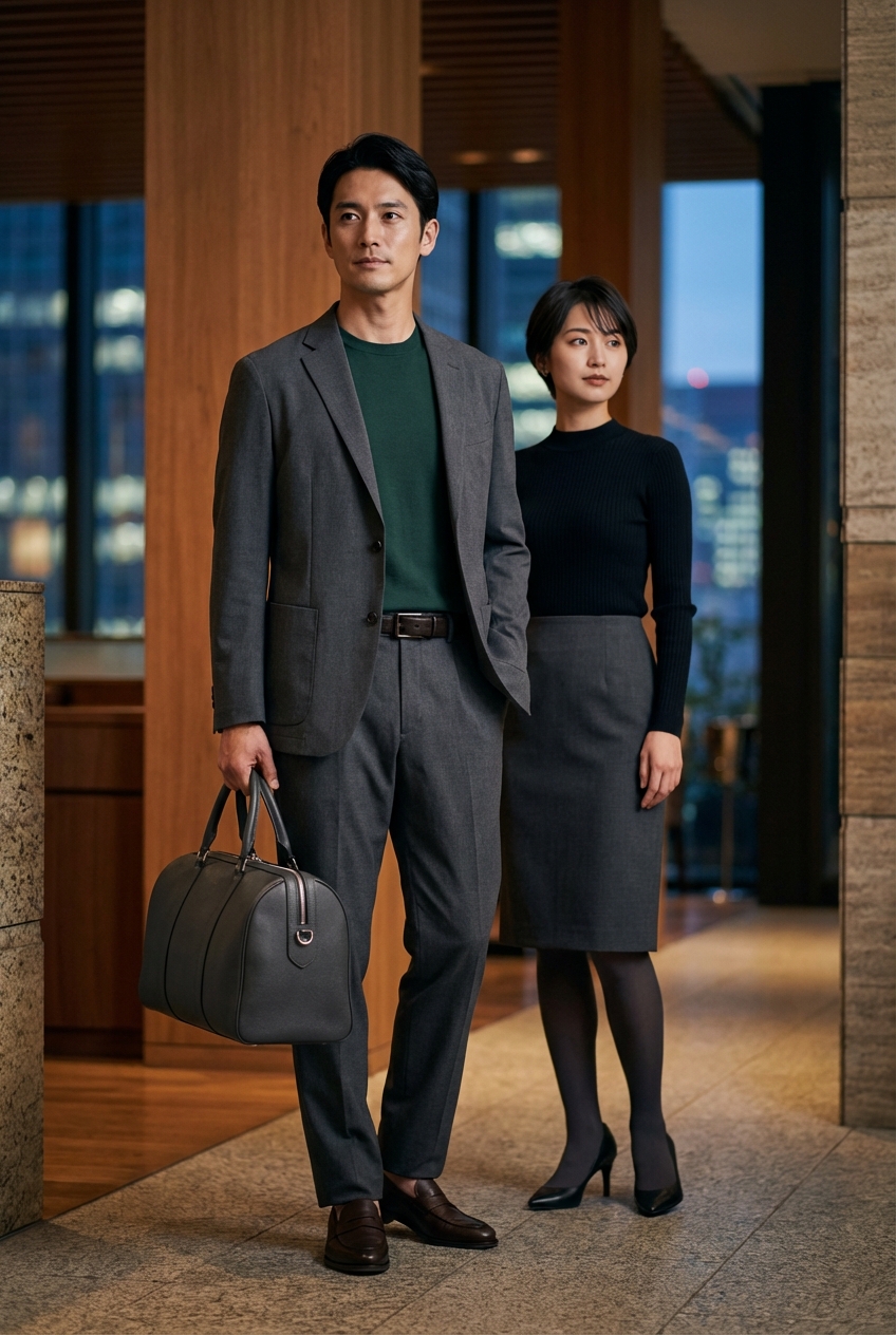 チャコールグレーの軽量セットアップとダークブラウンのレザーベルトで彩る夜の商談。
