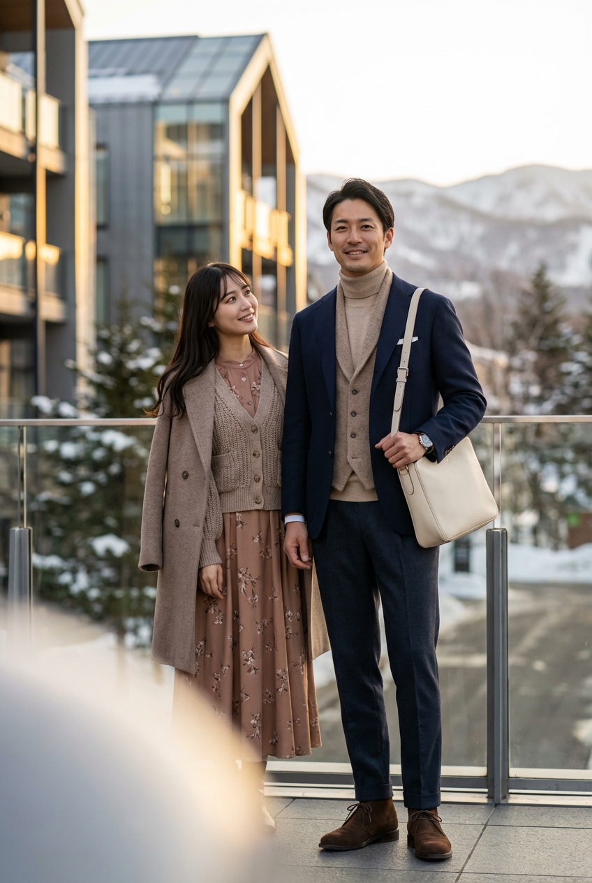 ベージュのカシミヤ混ハイネックニットとアルパカ混の質感が織りなす春のリゾート