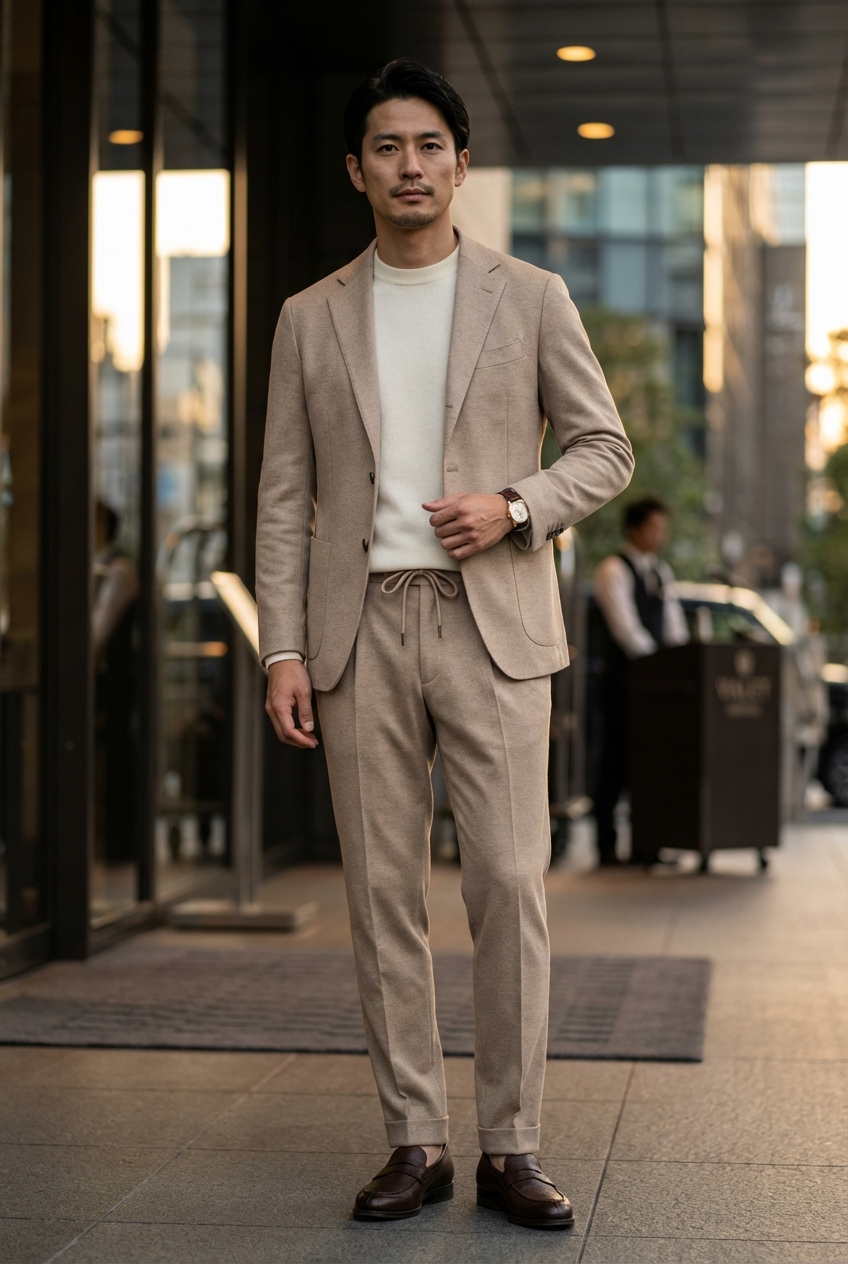 静謐な夕暮れを旅する、しなやかなベージュが描く洗練のエグゼクティブスタイル