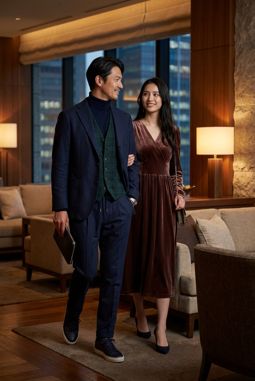 ネイビーのカシミヤ混ハイネックニットで彩る、夜景ラウンジの都会派セットアップ