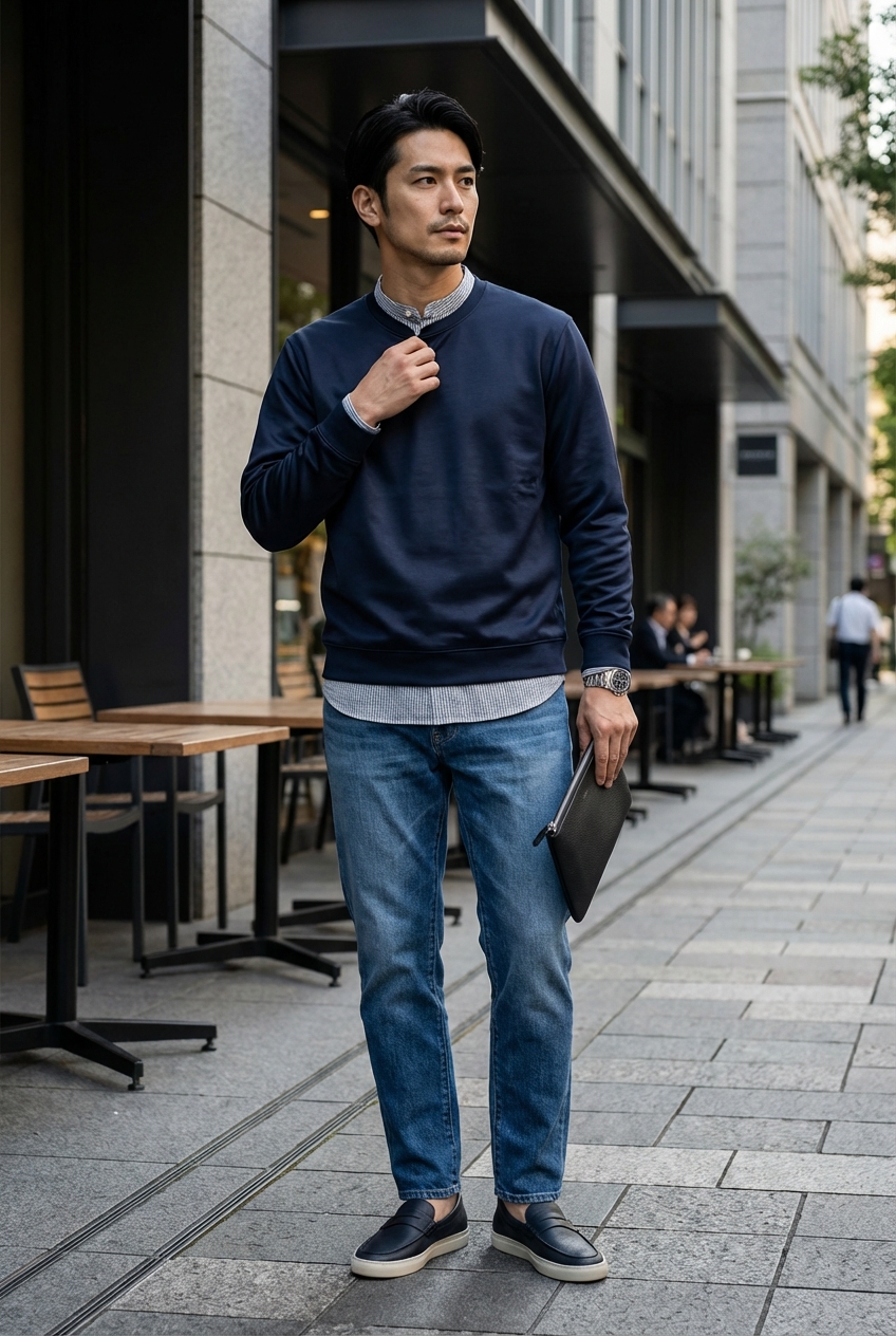 ネイビーのシルク混スウェットで魅せる、週末カフェの洗練スポーティスタイル
