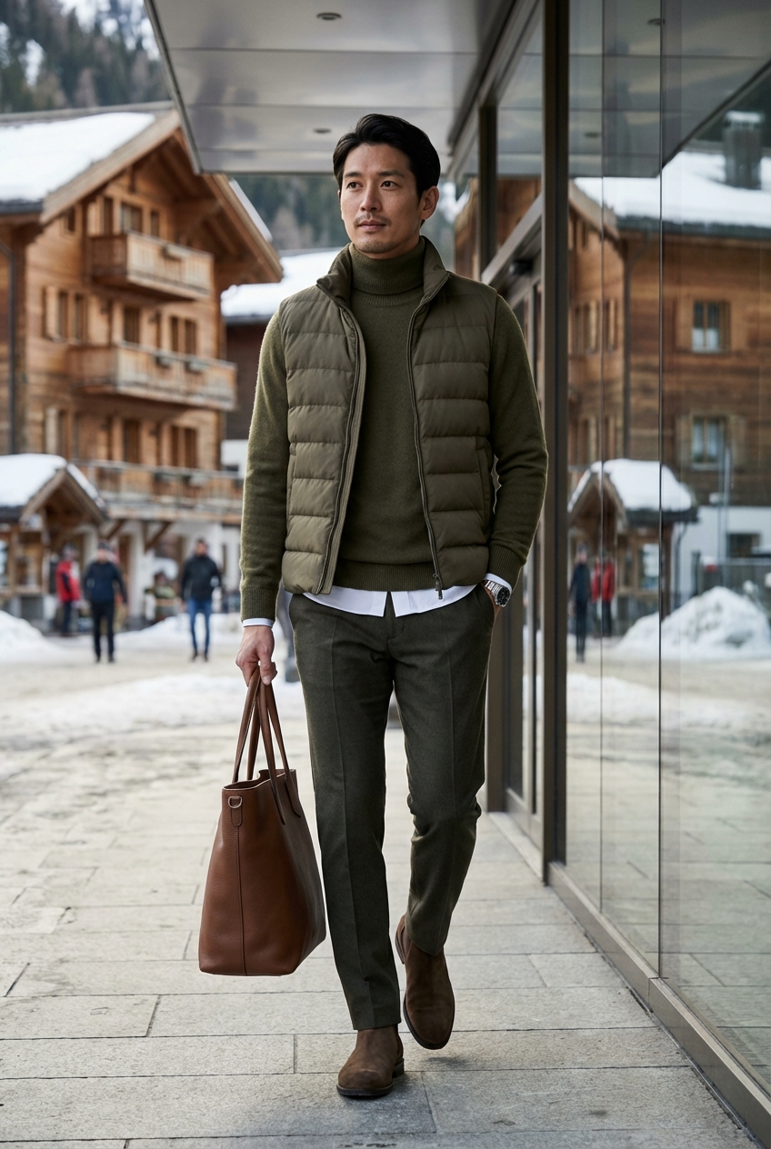 カシミヤ混ハイネックニットが奏でる、オリーブカラーのウィンターリゾートスタイル