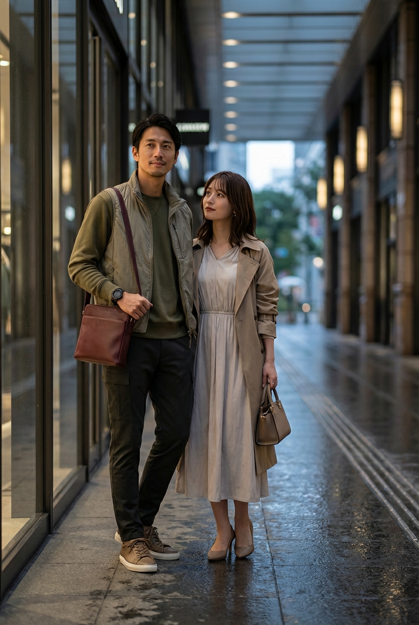 オリーブのカシミヤスウェットで彩る、雨上がりの洗練されたシティ散歩