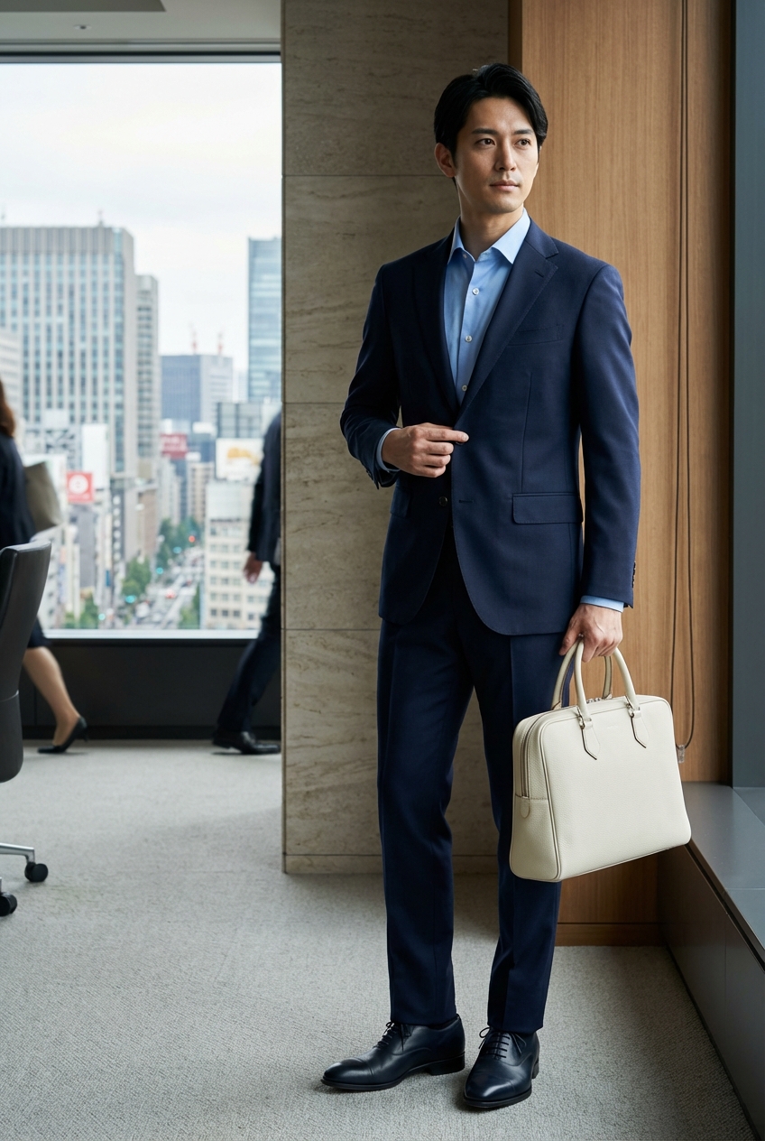 端正なネイビーの装いとサックスブルードレスシャツで挑む勝負のプレゼン