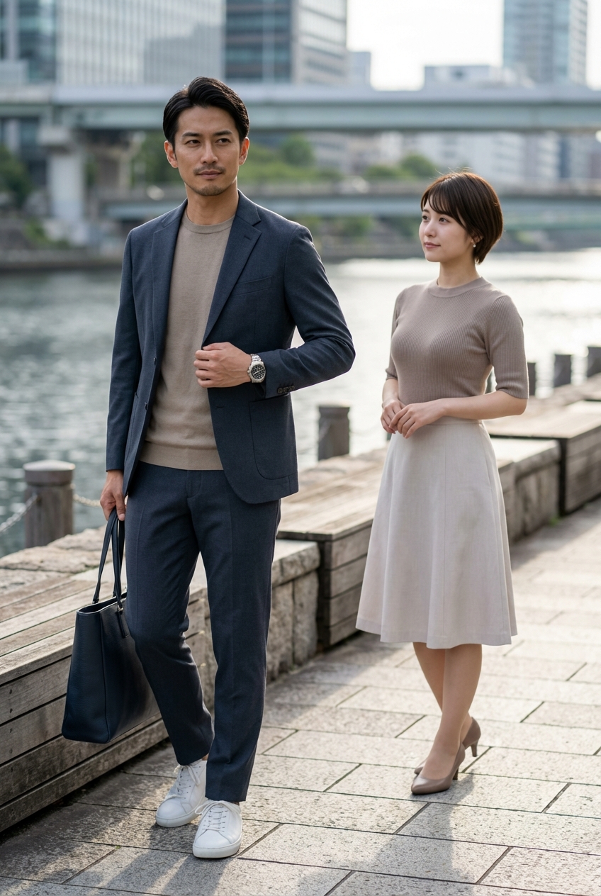 撥水ウールのトラベルセットアップで装う都会のビジネスカジュアル