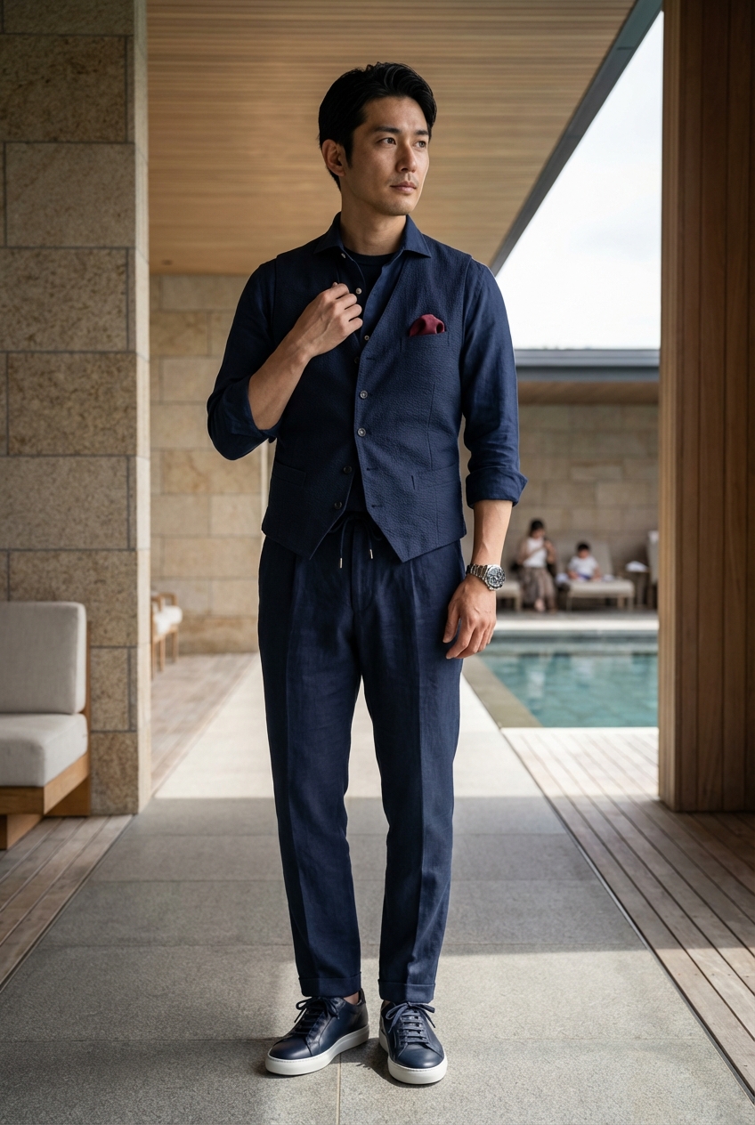 カシミヤ混ハイゲージニットを纏う、ネイビーで彩る優雅なバカンス