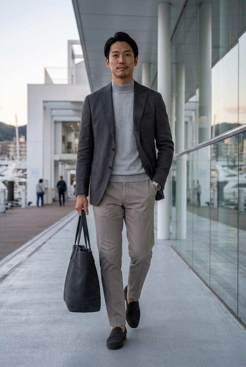 チャコールグレーが導く、夜のリゾートを彩るライトトープの装い