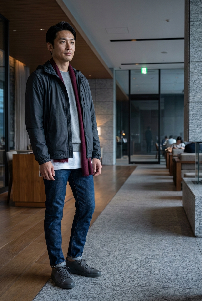 ベージュのカシミヤジャージーとダークグレーのレザースニーカーで寛ぐ休日ラウンジ