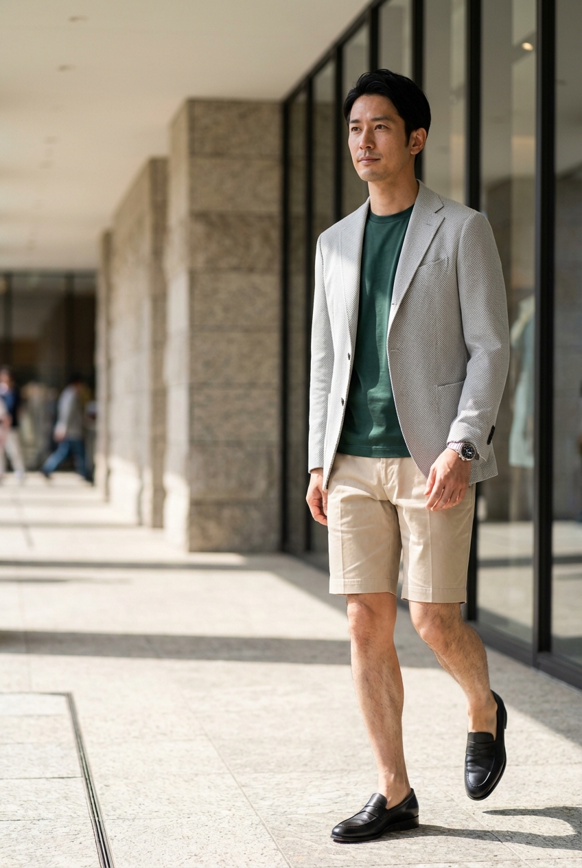 サマーテラス・ブランチを彩るベージュのシルク混コットンショートパンツ