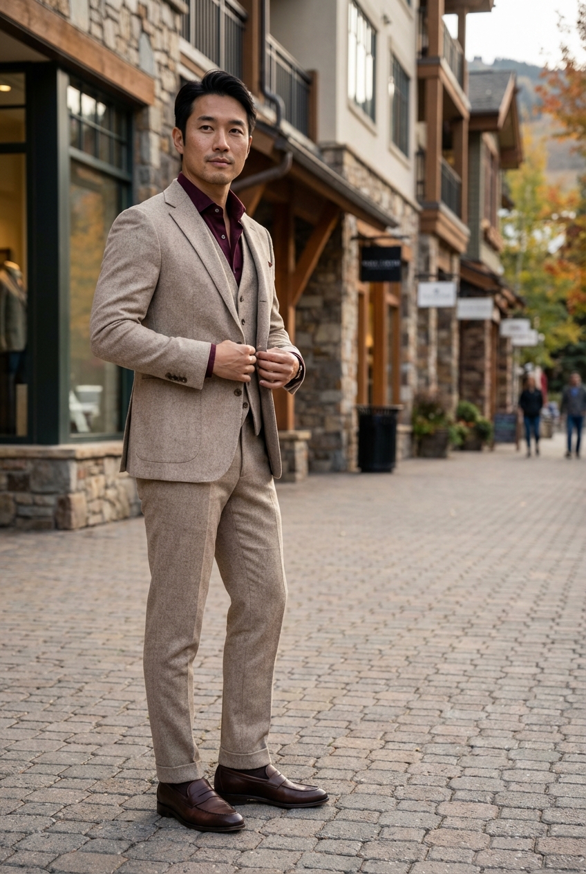 フルグレインレザーのローファーが彩る、ベージュとボルドーの秋色リトリート